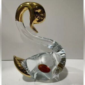 Murano Gold Crystal Clear Glass Art Deco Golden Swan 5 1/2” Paperweight Italy